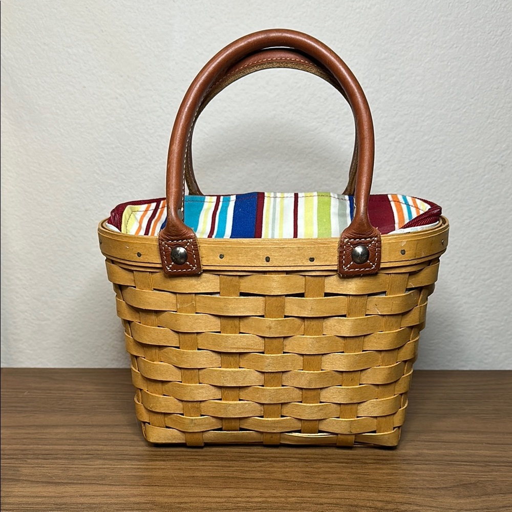 Longaberger Boardwalk Basket Bag with Multicolor Stripes Liner w/Leather Handles